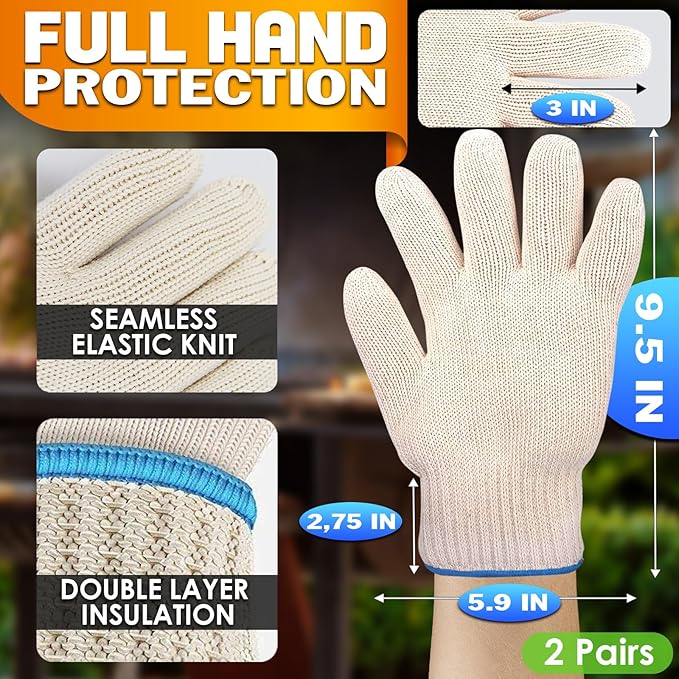 2 Pair Heat Resistant Gloves for Cooking – 9.5" Aramid Fibre Oven Gloves with Fingers, Non-Slip BBQ Grill Protector for Baking, Frying & Smoker – Reusable Heat Protection for Safe Cooking & Grilling