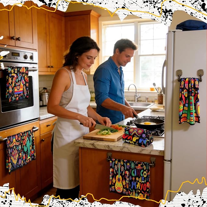 Breling Set of 6 Mexican Kitchen Towels Floral Dish Towel Cinco De Mayo Bathroom Decorative Rustic Cloths Tea Towels for Kitchen Bathroom Home Housewarming Gifts, 14 x 21 Inch