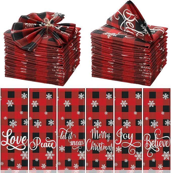 Funnymoom 24 Pcs Christmas Plaid Cloth Napkins Buffalo Gingham 15 x 15 Inches Snowflakes Black and Red Checked Cotton Dinner Napkins Soft Absorbent Washable for Holiday Winter Xmas Party