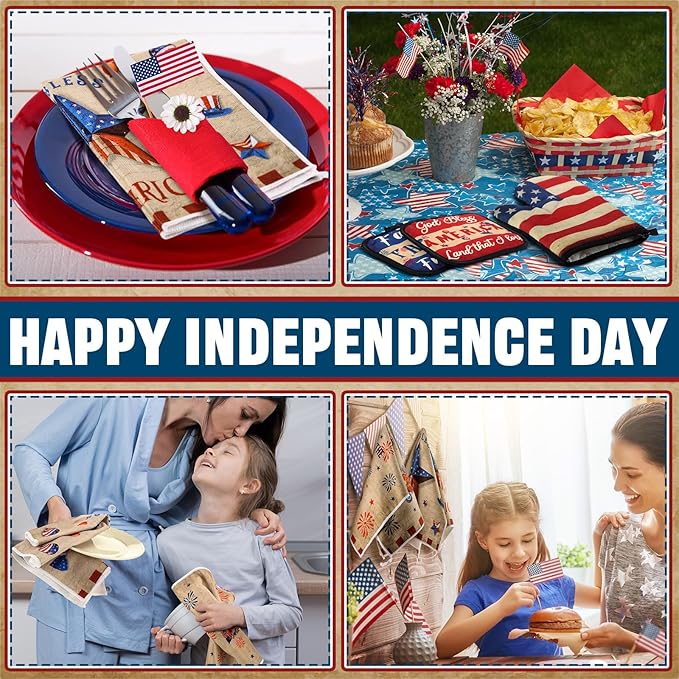 Peryiter 5 Pcs 4th of July Kitchen Towels Pot Holders and Oven Mitt Set Patriotic Retro 2 Dish Towels 2 Square Potholders 1 Heat Resistant Glove for Cooking Baking Gifting Home (Patriotic)