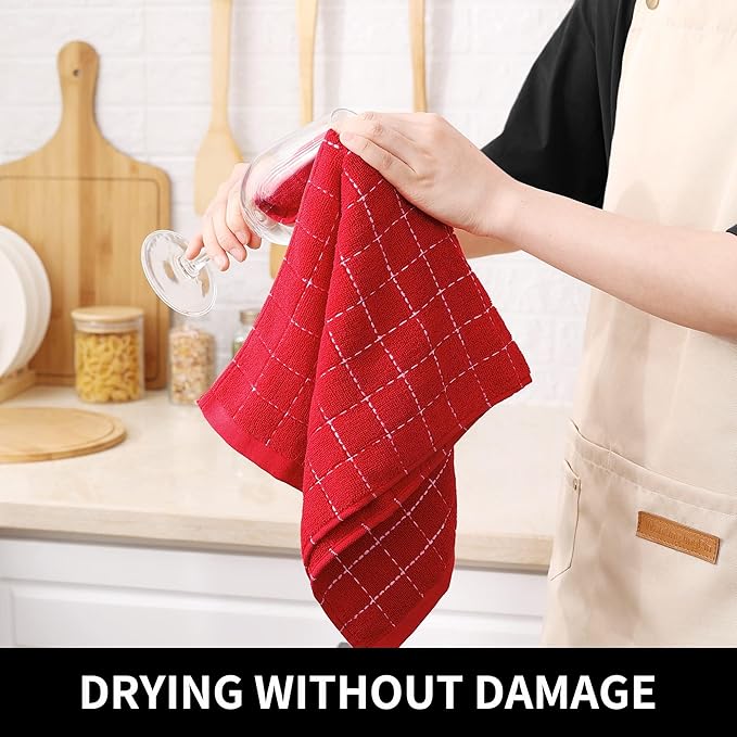 Homaxy 100% Cotton Terry Kitchen Towels(Red, 13 x 28 inches), Checkered Designed, Soft and Super Absorbent Dish Towels, 5 Pack