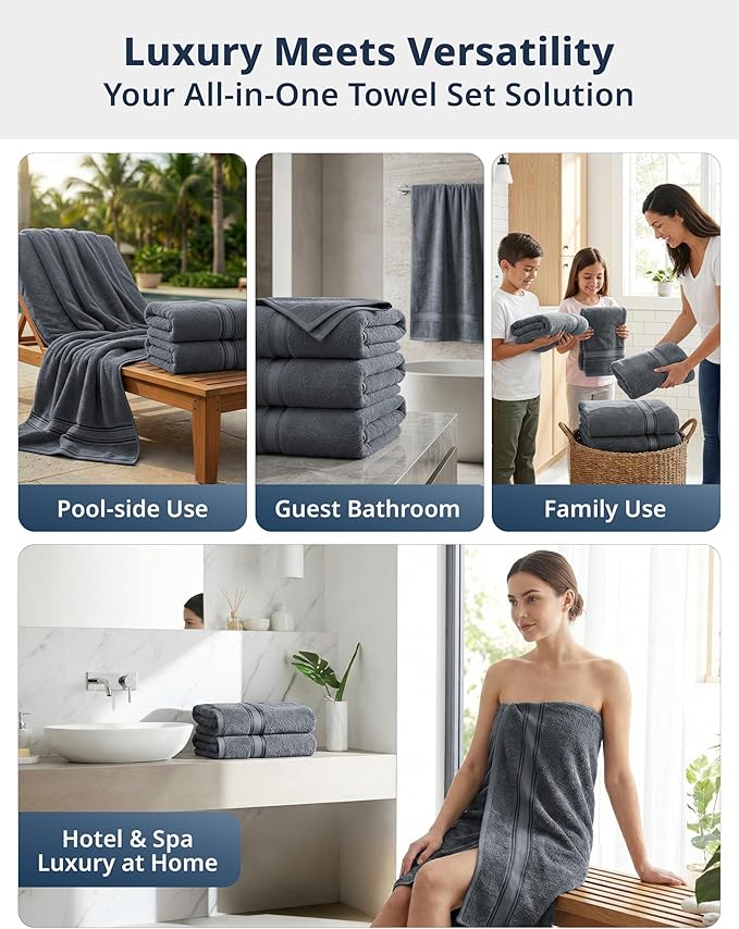 LANE LINEN 100% Cotton 4 Pack Bath Towels Set (28"x54") - Zero Twist, Large Cotton Towels for Bathroom - Quick Dry, Soft & Absorbent Bath Towel Set - Remains Soft After Multiple Washes - Cool Grey