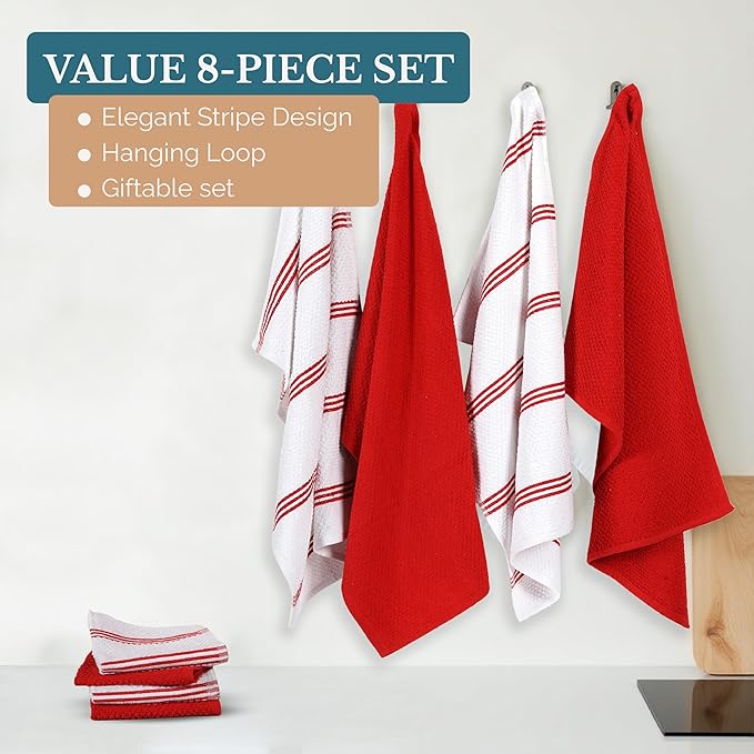 Casa Platino Dish Towels for Kitchen Drying Kitchen Towels – 8 Pc Durable Cotton Dish Towel Set – Designed for Vibrant Prep Routines and Seasonal Hosting – Red