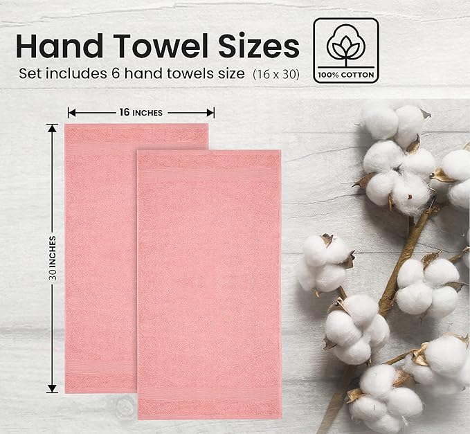 Premium Hand Towels Pack of 6 (16" x 30”) 100% Combed Ring Spun Cotton | Highly Absorbent Hand Towels Set | Ultra Soft for Home, Gym & Spa (Pink)