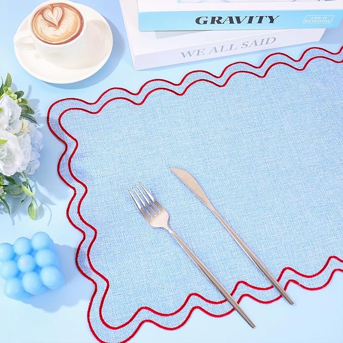 Whaline Red Blue Placemats Embroidered Scalloped Kitchen Place Mats for Birthday Baby Shower Party Home Dining Table Decor, Set of 6, 13 x 19 in