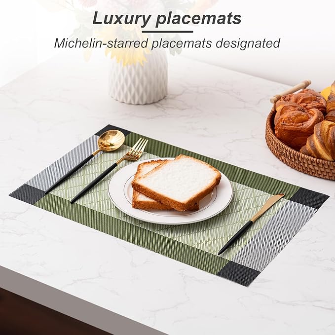 CADONO Placemats Set of 4 Washable Indoor/Outdoor Vinyl Place Mats for Dining Table Durable Non-Slip Heat Resistant PVC Weave Table Mats（Rhombus-Green）