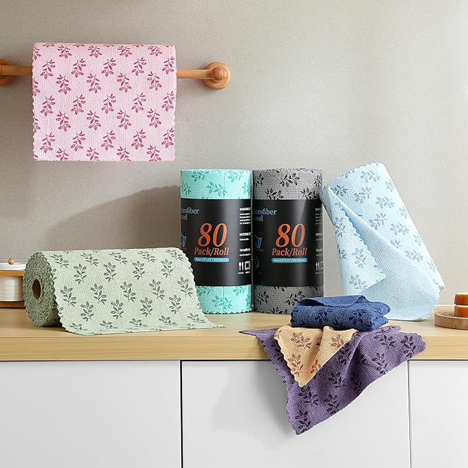 Microfiber Cleaning Cloth Roll,80 Pack Cleaning Towels,Lint Free Rags Paper Towels & Tear Away Reusable Towels,Washable Shop Rags Floral Wipe Cloth,Wash Cloths Dish Rags for Car Kitchen Window