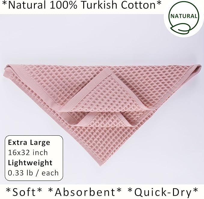 PÜSKÜL Natural 100% Turkish Cotton Waffle Kitchen Towels Set of 3 | Oeko-Tex, Premium Waffle Hand Towels for Bathroom | Soft Absorbent Quick-Dry Lint-Free Dish Towel Large 32x16 inch (3, Pink Powder)