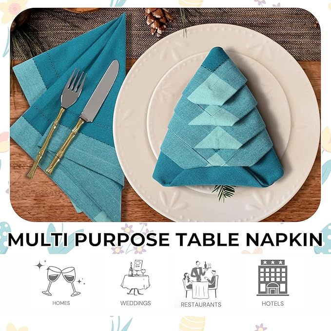 Bedding Craft Cotton Cloth Dinner Napkins Set of 12 – 20x20 Teal Multi Double Hemstitched – Machine Washable Reusable Fabric Napkins for Weddings & Dinner Tables