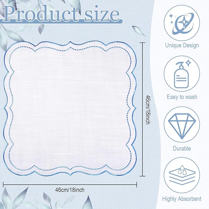 Hahafelt 12 Set Cloth Napkins 18x18inches Scalloped Embroidery Cloth Napkins Washable Polyester Table Dinner for Hotel Restaurant Weddings Events Parties (Blue)
