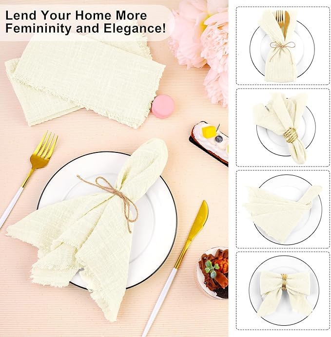 TURSTIN 12 Pieces Cotton Linen Cloth Napkin Handmade Cloth Napkin with Fringe 17 x 17 Inch Soft Dinner Wedding Napkins Square Rustic Fringe Table Napkins for Dinners, Parties, Weddings, Ivory