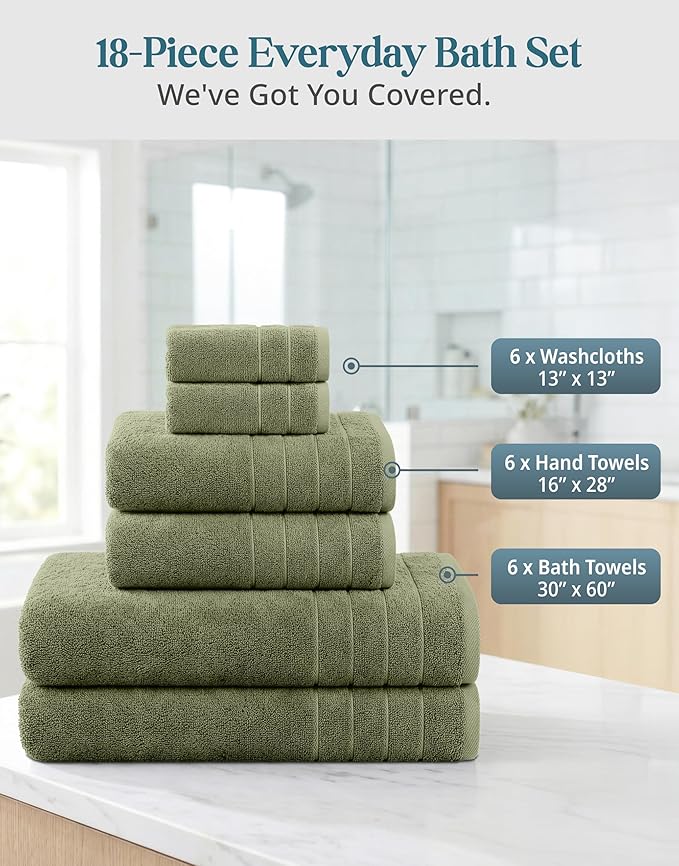 Casa Platino 100% Luxury Cotton Bath Towel Pack of 18 - Softer, High Absorbency & Durable - 6 Bath, 6 Wash Cloth, 6 Hand Towels for Bathroom - Premium Look, Spa Quality, Solid Dyed Towels - Oil Green
