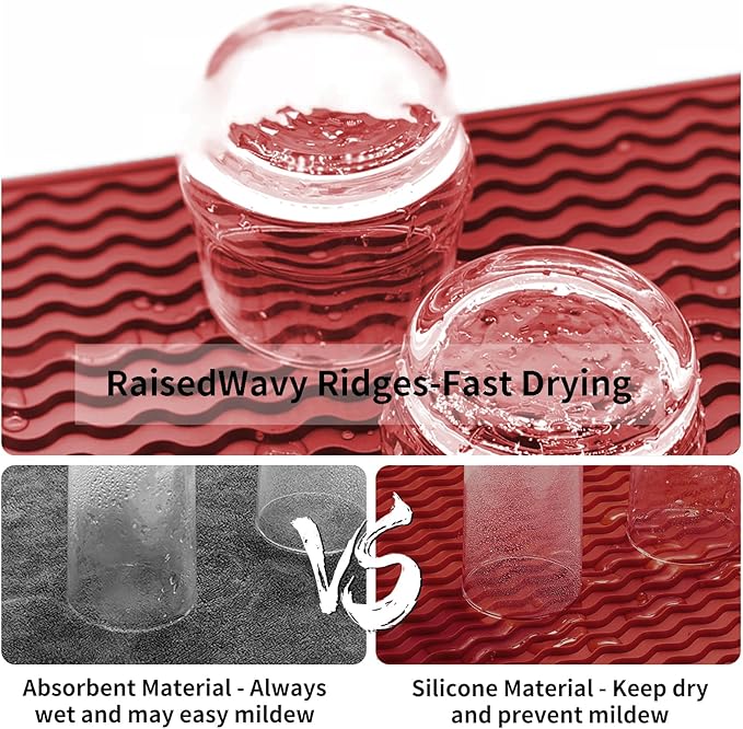 ZLR Silicone Dish Drying Mat & Heat Resistant Trivet (12" x 16") - Waterproof Counter Protector for Air Fryer, Coffee Maker - Non-Slip, BPA Free Kitchen Pad, Easy Clean Dishwasher Safe (Lava Red)