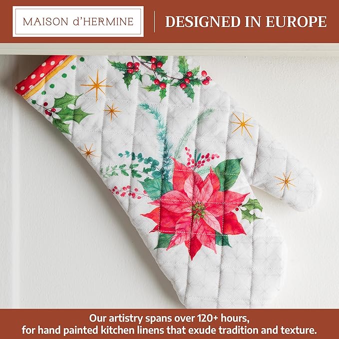 Maison d' Hermine Oven Gloves 100% Cotton Oven Mitt 7" x 13" with Loop Heat Resistant Cooking Gloves for Thanksgiving Christmas Decorations Baking Handling Hot Pans (Pack of 1, Poinsettia Christmas)