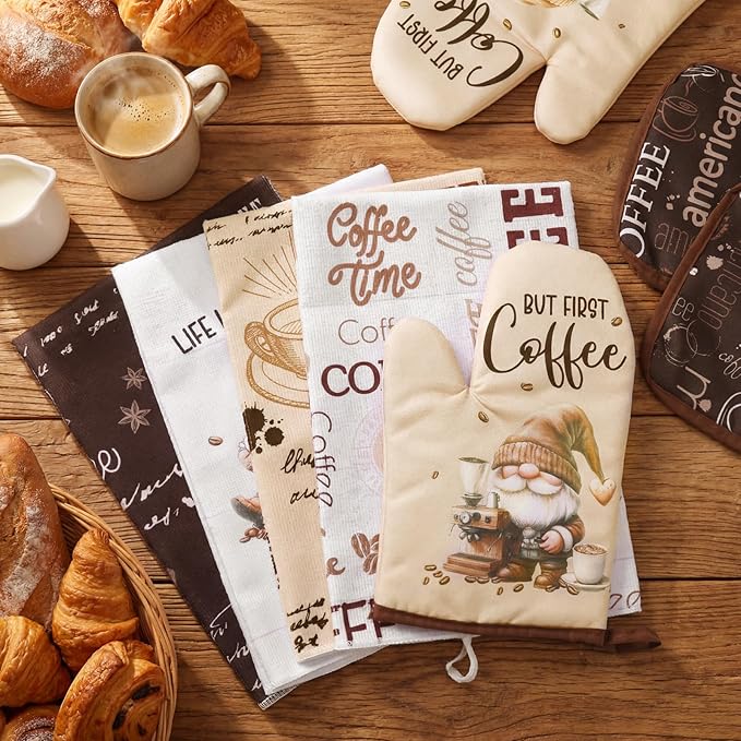 Fourluoo 8 Pcs Farmhouse Kitchen Decor and Accessories Set 4 Kitchen Dish Towels 2 Oven Mitt 2 Pot Holders for Christmas Cooking Baking Daughter Mom Gift Decor (Brown,Gnome)