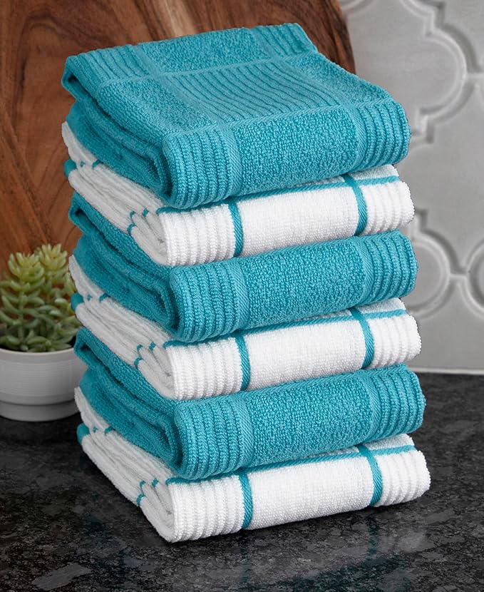 T-Fal Solid & Checked Parquet Kitchen Towels: Highly Absorbent, Super Soft Long Lasting - 100% Cotton, 16"x26" Dish Towels for Cleaning & Drying Dishes, Pans, Glassware, Countertops, 6-Pack, Breeze