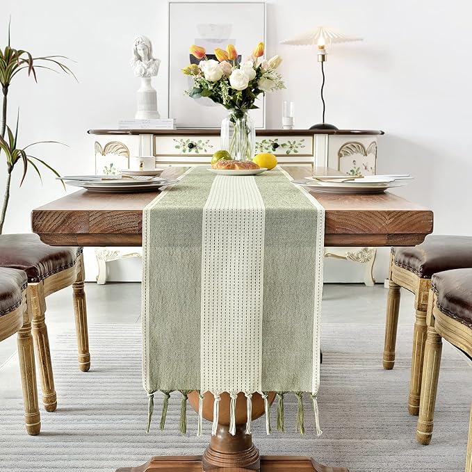 Wracra Linen Table Runner, Farmhouse Macrame Table Runners 60 Inches Long for Dining Table Decor, Wedding, Party and Dresser Decor (Sage Green,60")