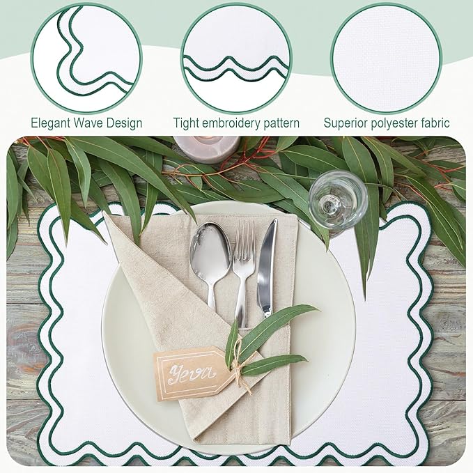 HunnmingRe Set of 6 Cotton Linen Placemats, 13x19 Inch Scalloped Wavy Embroidery Placemat Double Layered Washable Rustic Rectangle Dinner Table Mats for Wedding Home Decor(White with Dark Green)