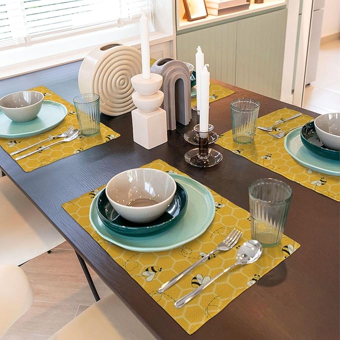 Mustard Yellow Placemats Set of 4 Cute Honey Bee Summer Decor Place Mats 12x18 Inch Honeycomb Seasonal Holiday Decorative Linen Table Mats for Home Kitchen Dining Party Table Decoration