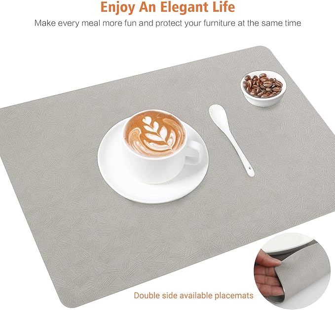 Vinyl Placemats Set of 6 Heat Resistant Easy Clean Non-Slip Place Mats for Dining Table Faux Leather Waterproof Stain Resistant Wipeable Washable PVC Table Mats(6, Light Gray)