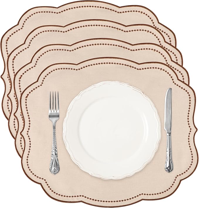 Cotton Linen Placemats Set of 4 - Double Layered, Luxury Scalloped Embroidered Cloth Table mats - Holidays, Christmas, Washable Mat, 16 x 13 inch (Beige)