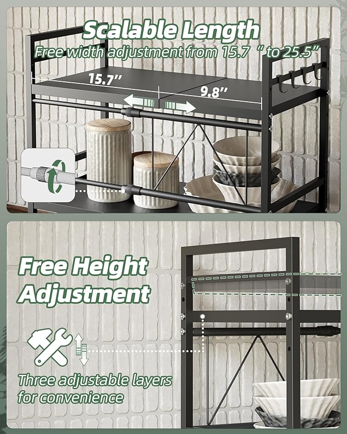 NETEL Expandable Microwave Stand,3 Tier Metal Kitchen Countertop Organizer Shelves with 8 Hooks,Bakers Rack,Microwave Shelf,Microwave Oven Rack,110lbs Weight Capacity