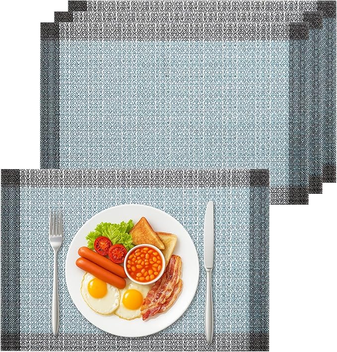 Bloss Blue Grey Ethnic Boho Placemats Set of 4-12x18Inch Table Mats Washable Heat-Resistant Place Mats for Dining Table, Easy to Clean Boho Farmhouse Placemats for Holiday Party Dining Table Decor