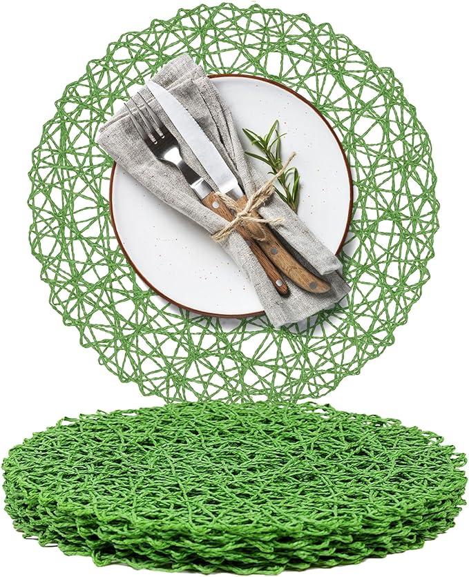 AHHFSMEI Paper Braided Round Placemats Set of 6 Natural Non-Slip Heat Resistant Table Mats for Dining Tables Woven Indoor Outdoor Place mats(Forest Green)