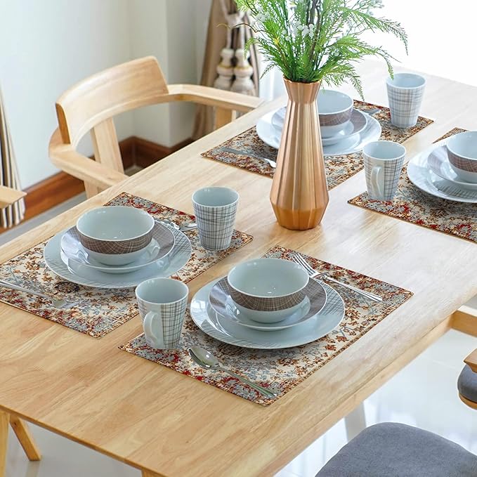 Ethnic Boho Placemats Set of 4 Southwest Brown Blue Carpet Woven Texture Linen Washable Kitchen Dining Table Mats Stain Heat-Resistant Desktop Decor Place Mats for Home Party Indoor 12x18 in