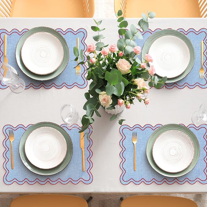 Whaline Red Blue Placemats Embroidered Scalloped Kitchen Place Mats for Birthday Baby Shower Party Home Dining Table Decor, Set of 6, 13 x 19 in