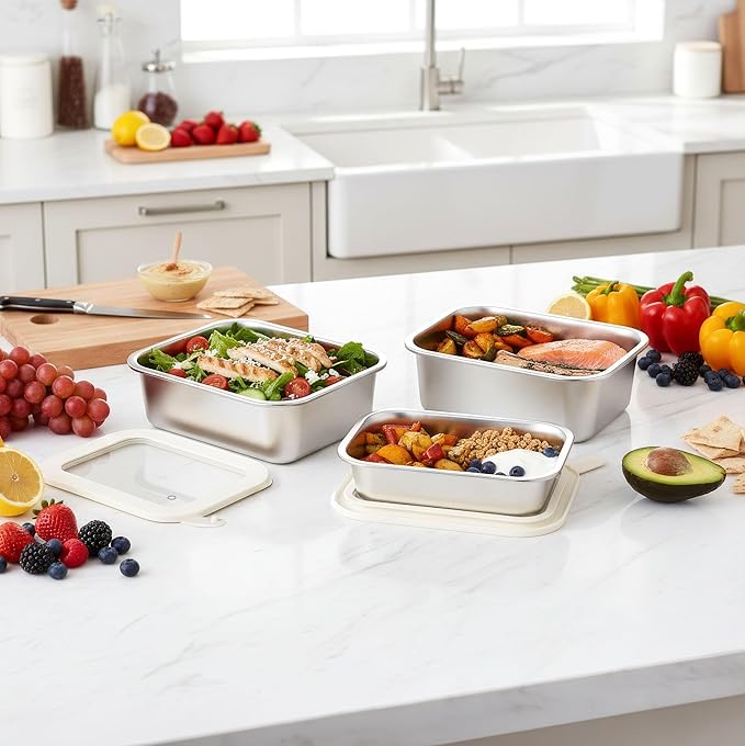Urban Green Stainless Steel Food Containers with Glass Lid, Large Airtight Leakproof Stainless Steel Storage Containers in set of 2, Rectangle Shape, Microwave Safe, 100% Plastic Free