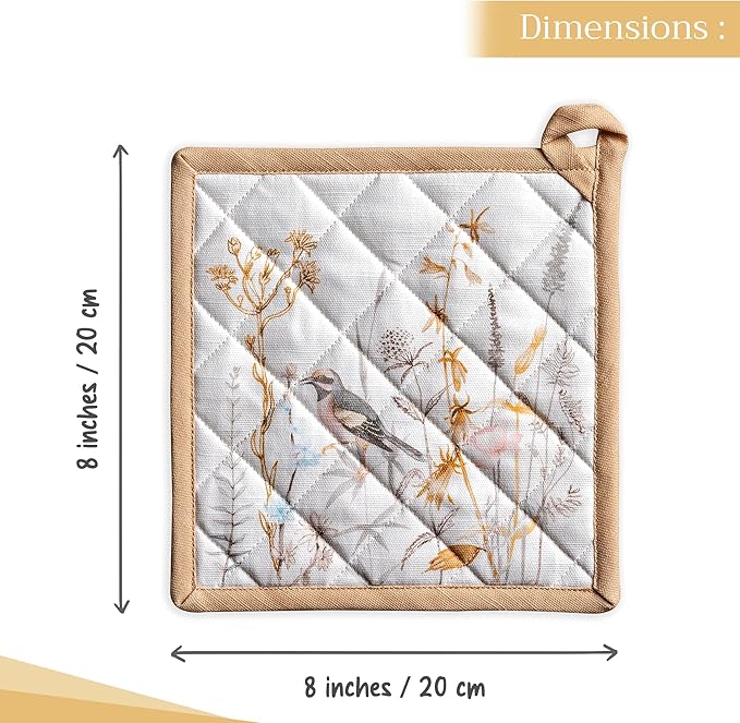 Maison d' Hermine Pot Holders 100% Cotton Heat Resistant Potholders 8" x 8" Hot Pads with Loop Baking Gifts for Mothers Day Handling Hot Pans Spring/Summer (Pack of 2, Meadow Florals - Beige)
