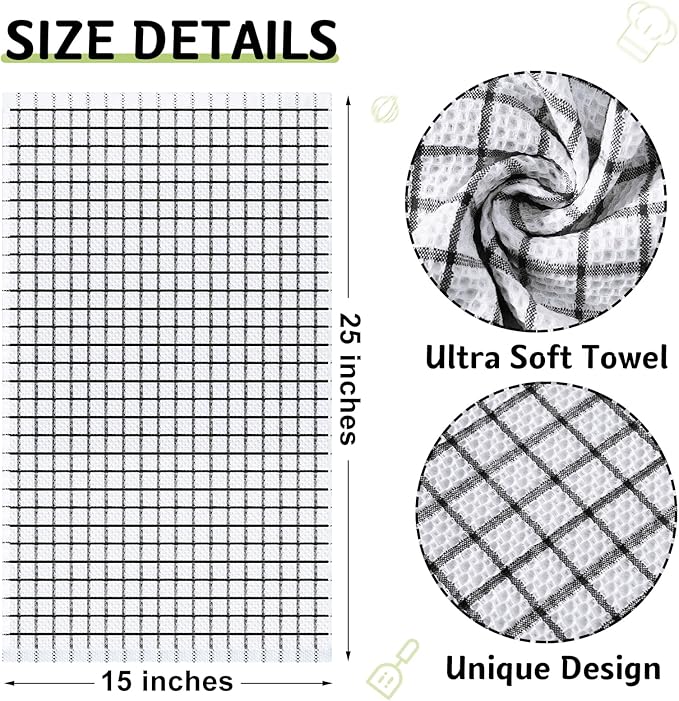 Homaxy 100% Cotton Kitchen Towels 8 Pack-15 X 25 Inches, Check Design Waffle Weave Hand Tea Towels, Super Soft and Absorbent Dish Towel for Drying Dishes, Black