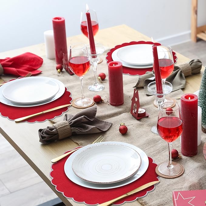 Set of 6 Round Placemats 15 Inch Cotton Scalloped Embroidery Placemat Washable Double Layered Rustic Dinner Table Mat Decor Fabric for Hotel Restaurant Kitchen(Red/White,Classic)
