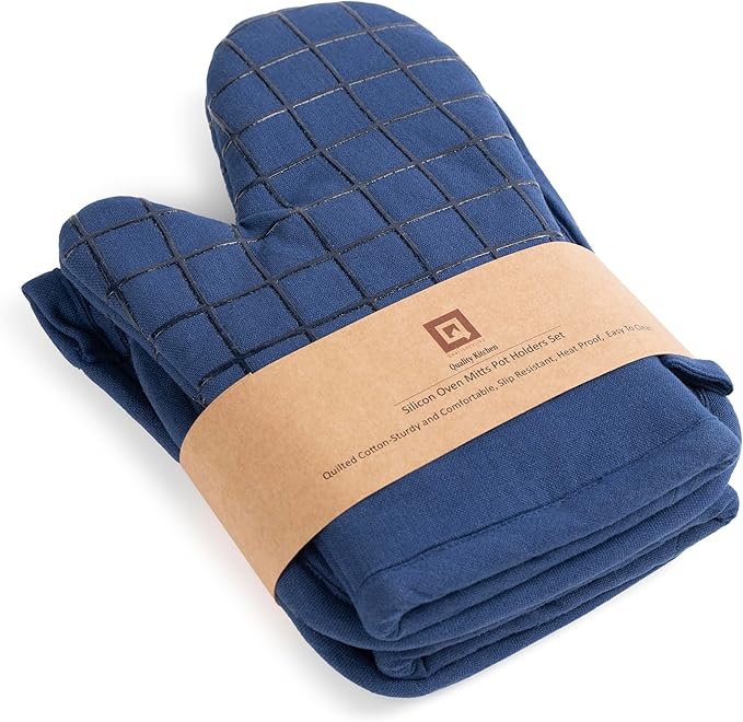 Oven Mitts and Pot Holders Set for Kitchen | 4 Pc Set| Heat Resistant Up to 500°F | Non-Slip Silicone Strips | Blue Kitchen Accessories | Includes 2 Hot Pads & 2 Cooking Mitts