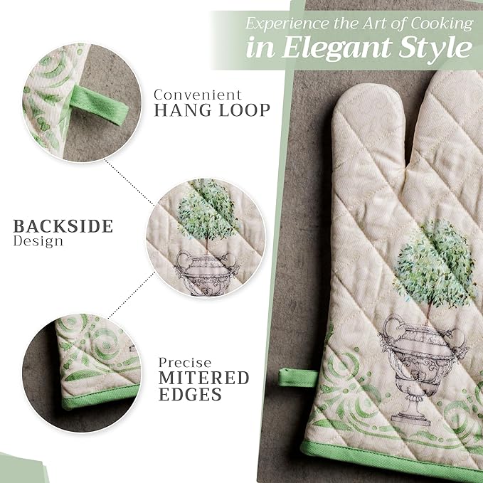 Maison d'Hermine Oven Gloves 100% Cotton Oven Mitt 7" x 13" with Loop Heat Resistant BBQ Cooking Gloves Baking Grilling Gifts for Mothers Day Spring/Summer (Pack of 1, Jardin Du Roy)