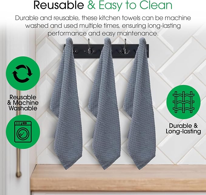 DG Collections Premium Dish Towels for Kitchen, 8 Pack, 15x25 Inch - 100% Cotton Kitchen Towels with Hanging Loop, Highly Absorbent, 400 GSM Bar Mop Cleaning Towels - Smoke Grey