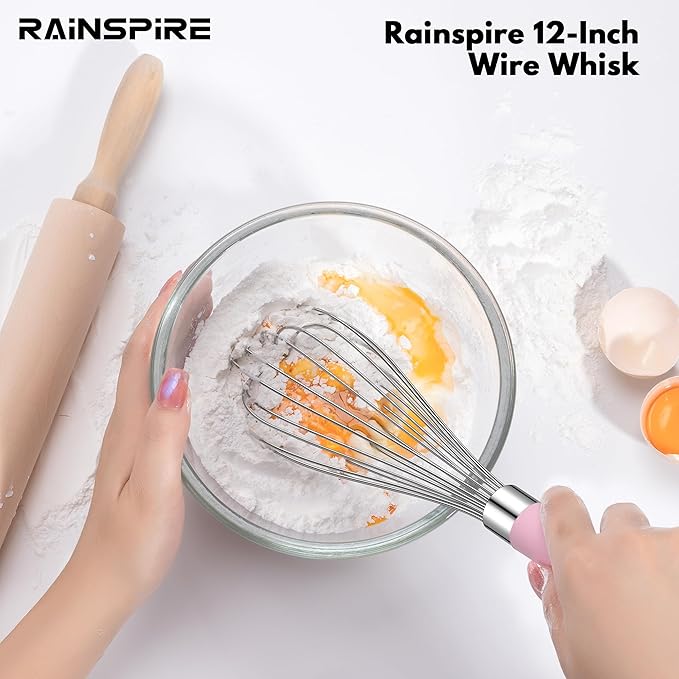 Rainspire 12-Inch Wire Whisk Stainless Steel, Balloon Whisks for Cooking, Wisk Wisking Tool With Soft Silicone Handle, Thick Durable Whisker for Blending, Beating, Whisking, Stirring, Pink