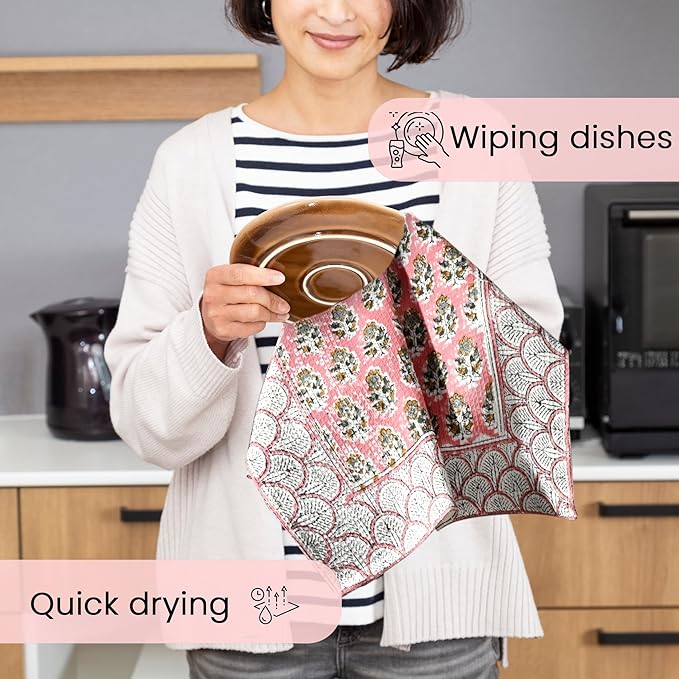 CPC Poppy Pink Hand Block Print Waffle Kitchen Towel Set of 3-16 x 28 Inch Ultra Absorbent Quick Dry Cotton Dish Towels Lightweight Reusable Sustainable Tea Towels for Cleaning and Drying