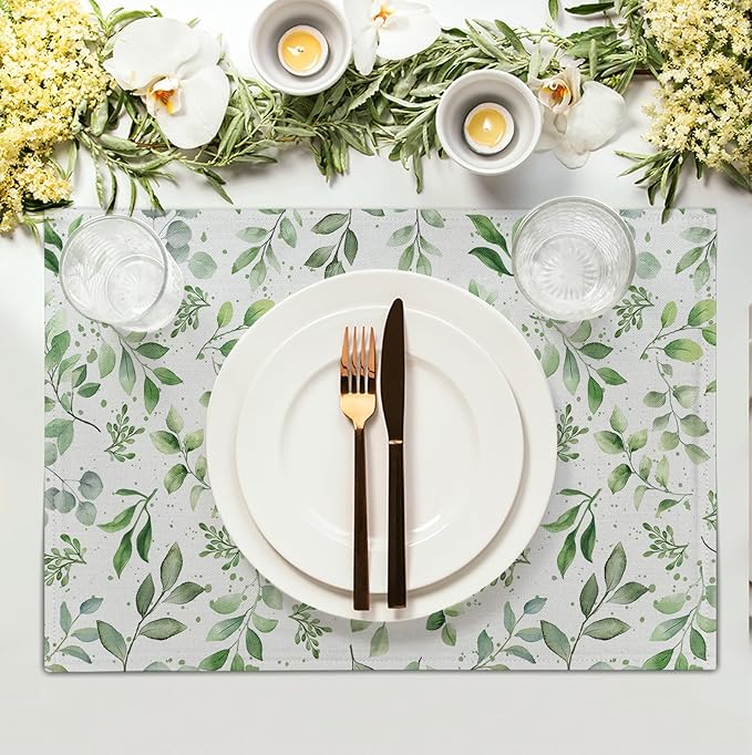 Sage Green Eucalyptus Leaves Placemats Set of 4 Spring Summer Watercolor Leaf Table Mats 12x18 Inch Seasonal Holiday Rustic Farmhouse Linen Fabric Place Mat for Kitchen Dining Decor