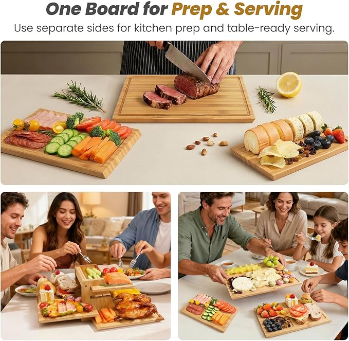 Bamboo Cutting Board Set of 3, Durable Wooden Chopping Boards with Distinctive Stand & Juice Grooves, Ideal for Meat, Vegetables, Fruit, Charcuterie Prep & Serving, Kitchen Gifts for Mom, Natural