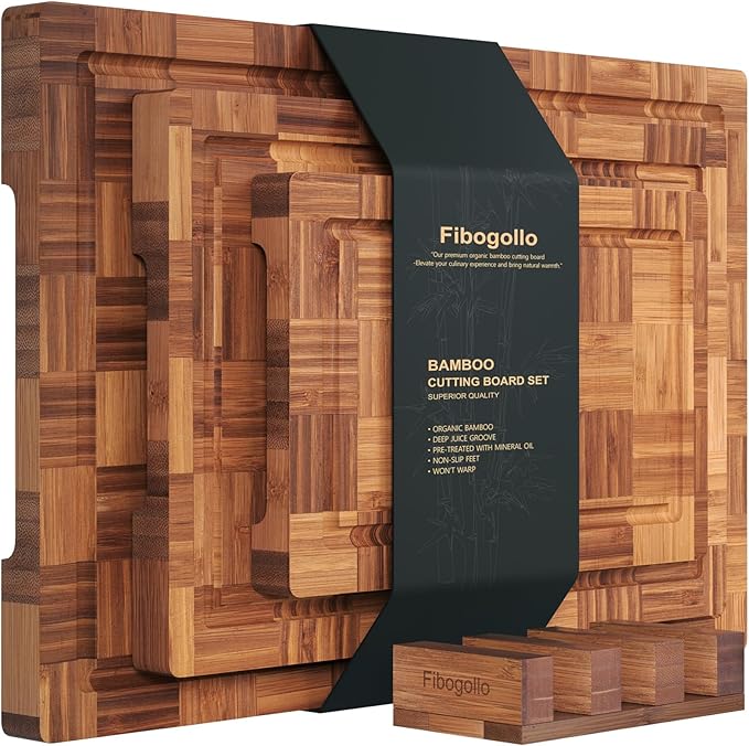 Fibogollo Bamboo Cutting Boards for Kitchen,Chopping Boards Set with Juice Groove,End Grain Bamboo Butcher Block,Serving Board with Holder(3 Pcs)