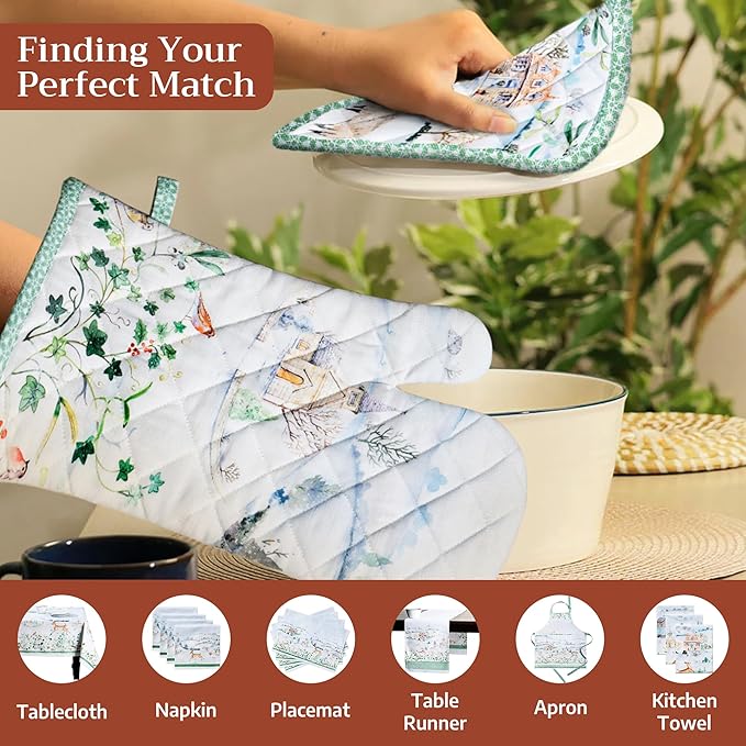 Maison d' Hermine 100% Cotton Oven Mitt & Pot Holder Set (7.5"x13" & 8"x8") Heat Resistant BBQ Cooking Gloves with Loop for Thanksgiving Christmas Decorations Handling Hot Pans (Snowy World)
