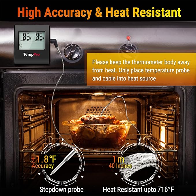 TempPro TP16 Large LCD Digital Meat Thermometer for Cooking, Smoking, Grilling, BBQ Food Temperature Indicator with Clock Timer and Stainless Steel Probe, Black(Previously ThermoPro)