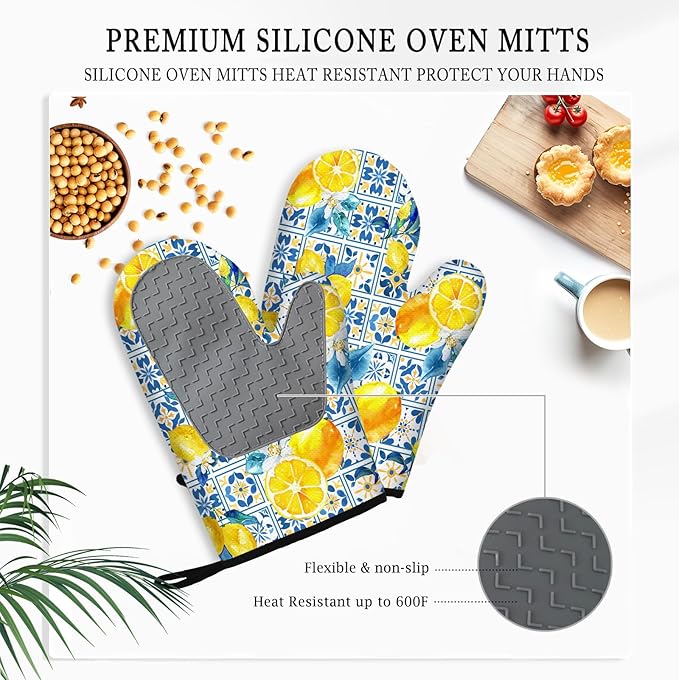 Lemon Silicone Oven Mitts and Pot Holders 3Pcs, Yellow Kitchen Decor Silicone Oven Mitts for Lemon Lover, Lemons Kitchen Decor Heat Resistant Non-Slip Oven Gloves for Mom Wife Sister BFF