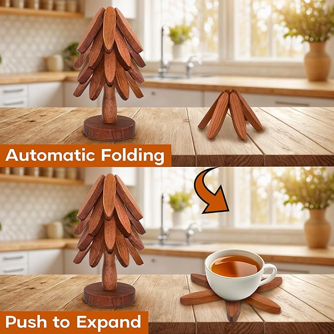 Wooden Trivets for Hot Dishes, Wooden Tree Trivet Set of 4 for Easy Storage - Suited for Hots, Pans/Bowl, Teapot, Hot Holders - Multifunctional Ornaments (Dark - 4 PCs)