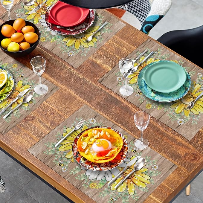 Spring Summer Floral Set of 4 Sunflower Daisy Eucalyptus Leaf Wooden Board Place Mats 12x18 Inch Rustic Vintage Flowers Farmhouse Table Mats for Home Kitchen Dining Decoration