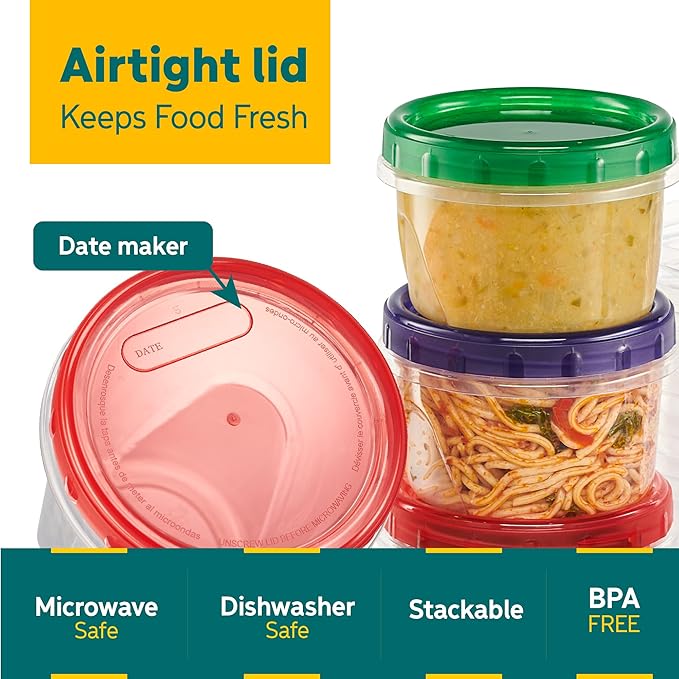 ELEGANT DISPOSABLES Twist Top Food Storage Containers 16 oz 24 Pack Plastic Freezer Storage Containers Leakproof Reusable with Screw on Colored Lids