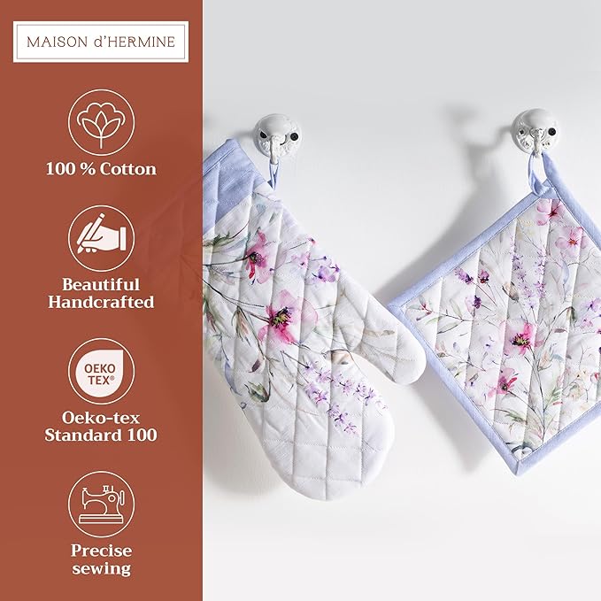 Maison d' Hermine 100% Cotton Oven Mitt & Pot Holder Set (7.5"x13" & 8"x8") Heat Resistant BBQ Cooking Gloves with Loop Baking Grilling Kitchen Gifts for Mothers Day Spring/Summer (Summer Floral)