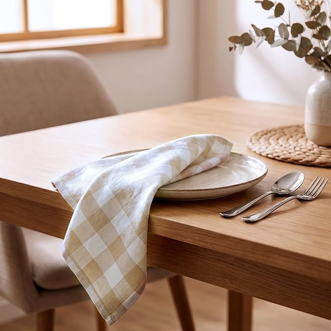 Cloth Napkins Set of 12, 100% Cotton Reusable Gingham Printed Dinner Napkins, 18x18 Inch Washable Table & Kitchen Napkins for Home, Dining, Entertaining – Beige & Sand